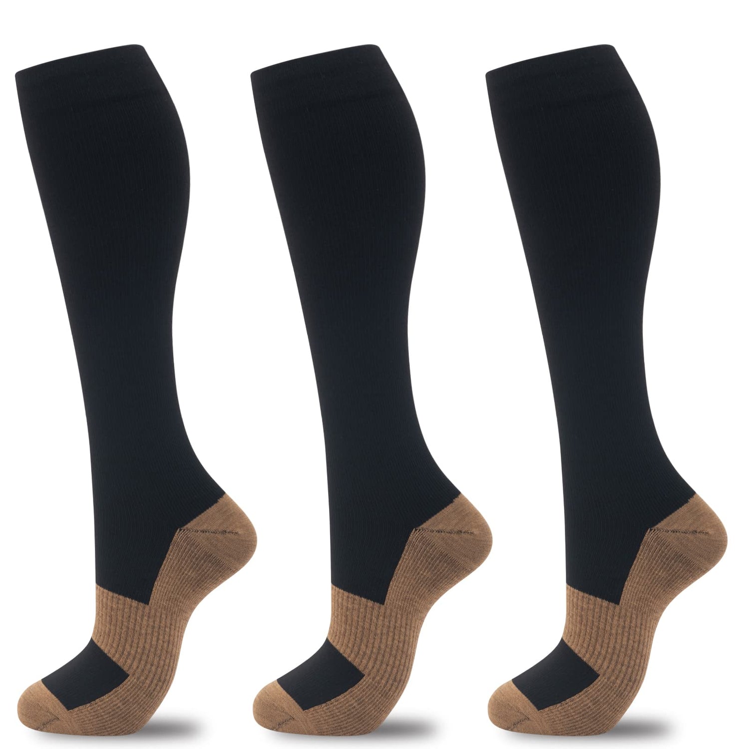 Calcetines de compresión de cobre Fenglaoda para mujeres y hombres, 3 pares, color negro