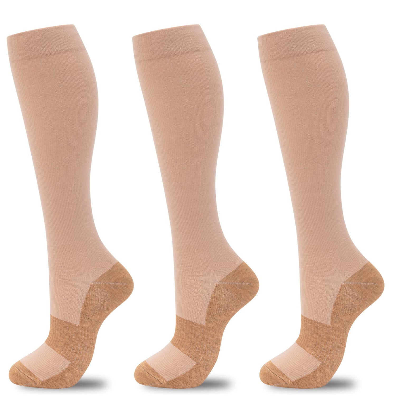 Calcetines de compresión de cobre Fenglaoda para mujeres y hombres, 3 pares, color piel
