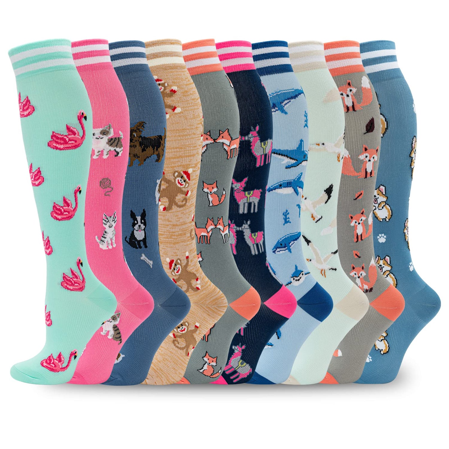 Calcetines de compresión fenglaoda para mujeres y hombres, 10 pares, estampado de animales