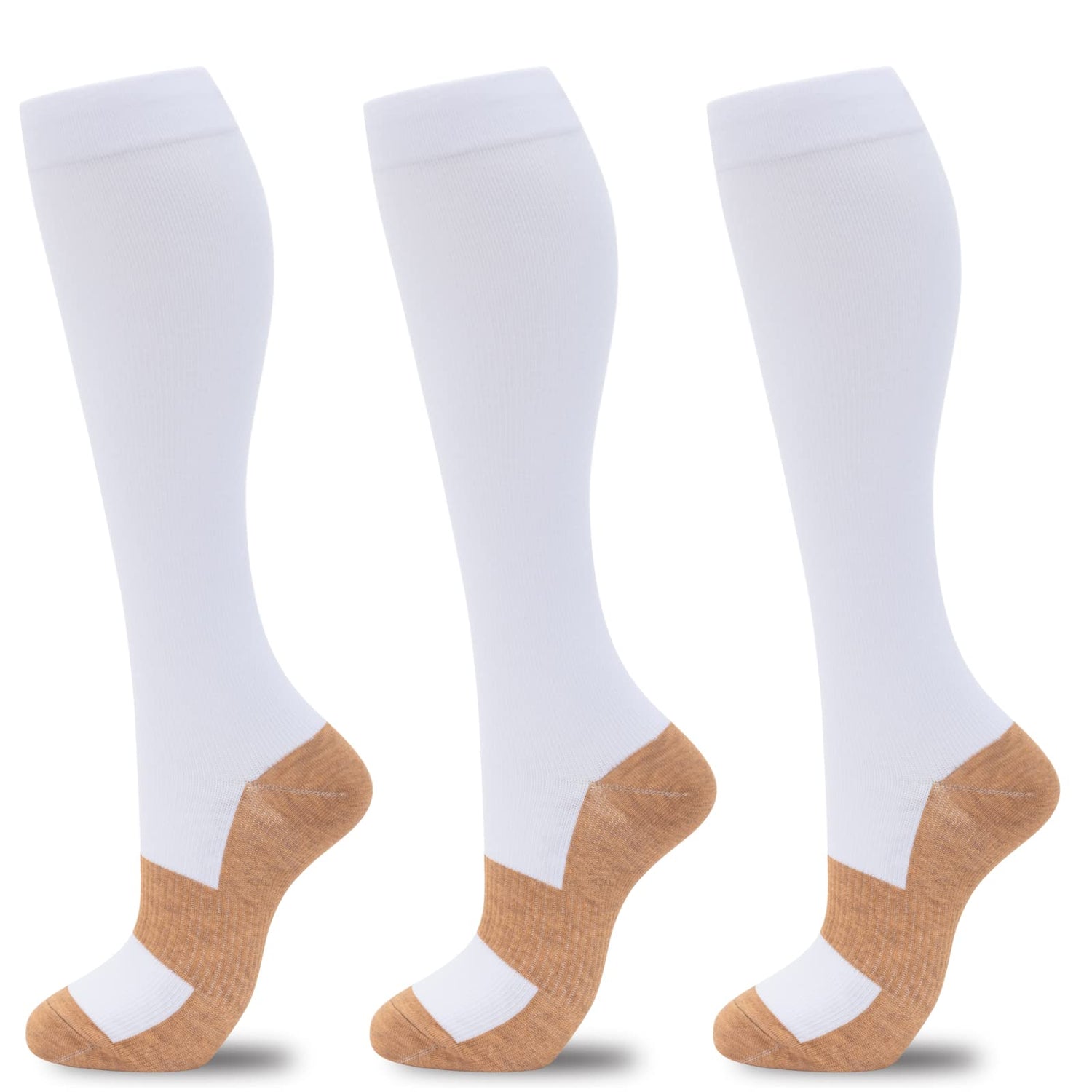 Calcetines de compresión de cobre Fenglaoda para mujeres y hombres, 3 pares, color blanco