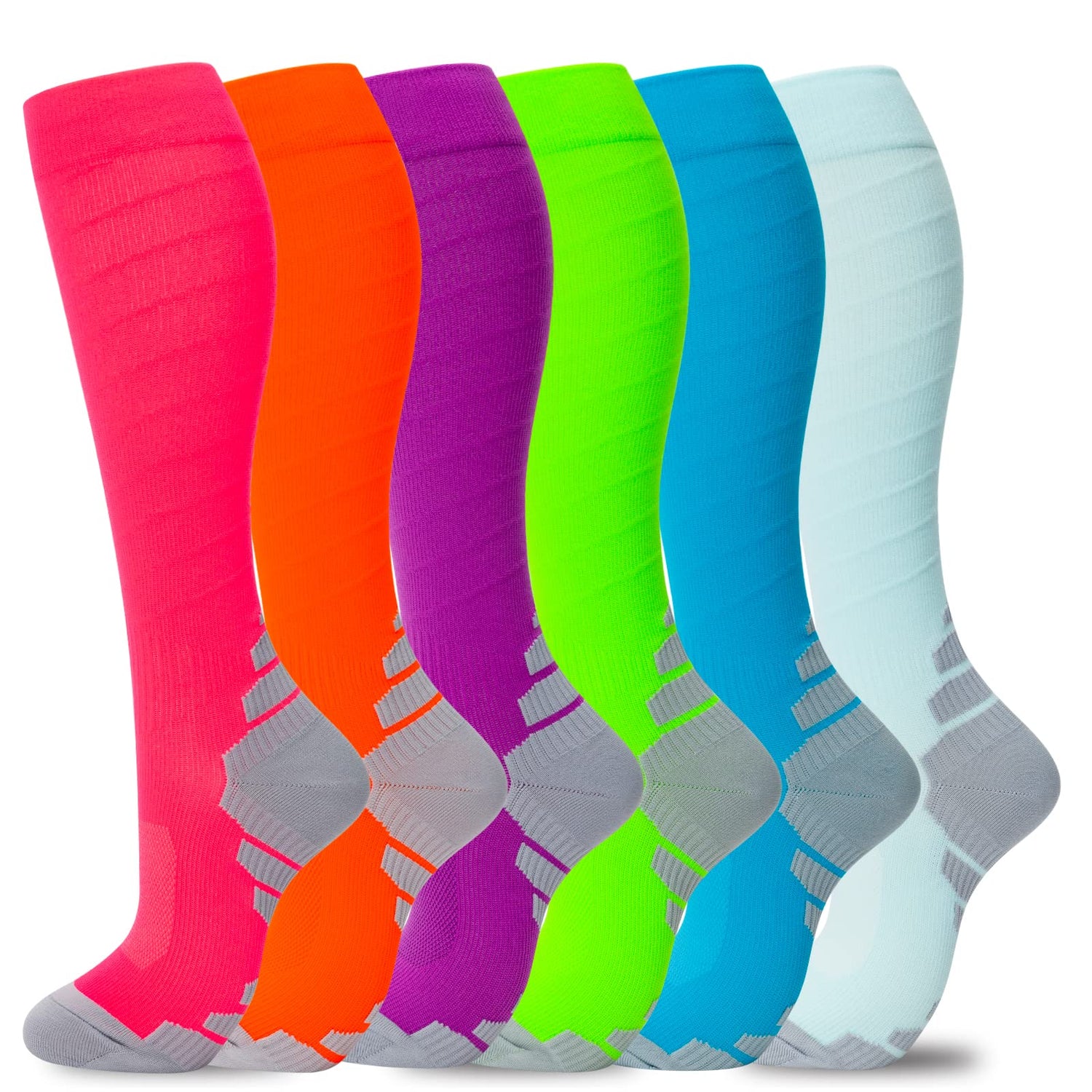 Calcetines de compresión fenglaoda para mujeres y hombres, 6 pares, color fluorescente