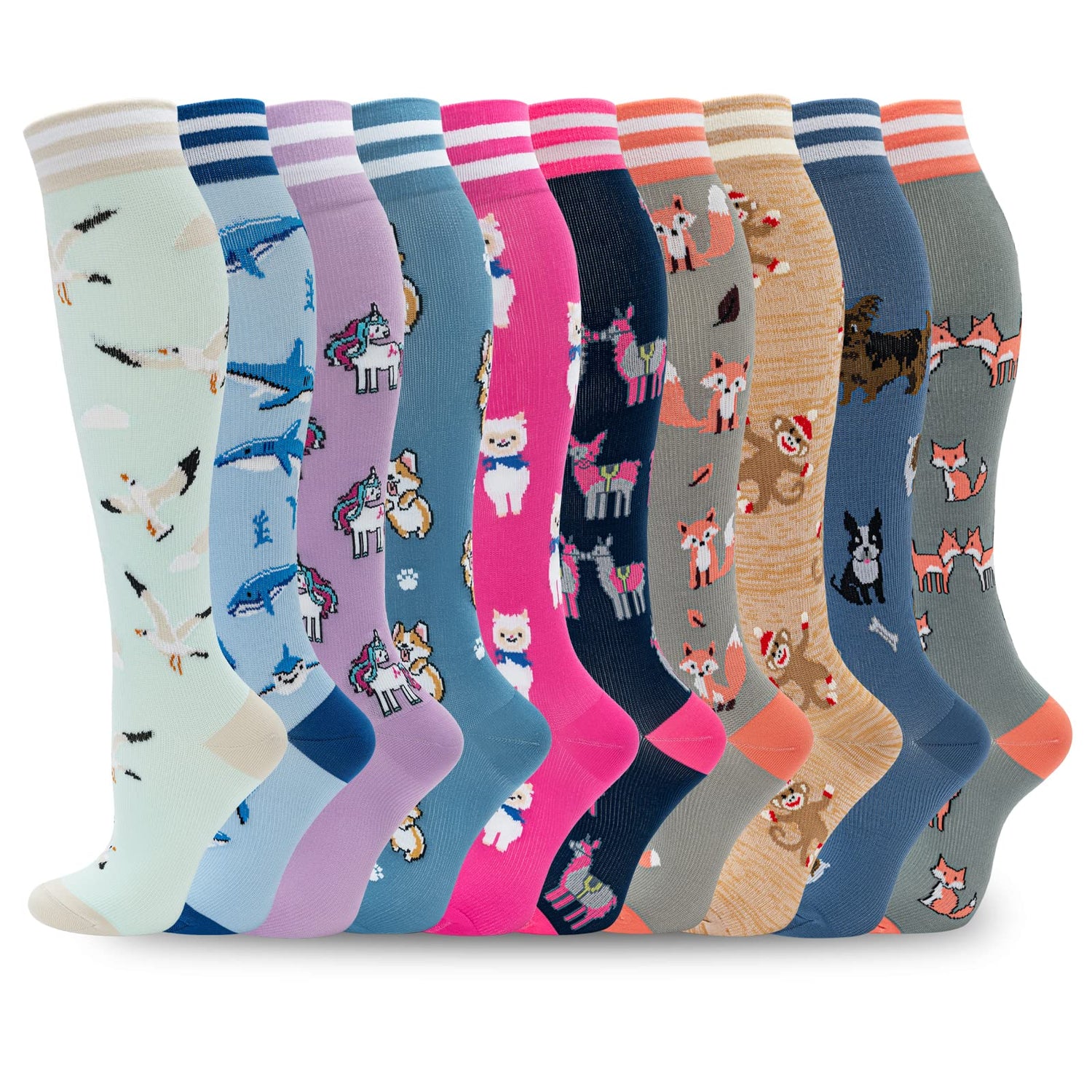 Calcetines de compresión fenglaoda para mujeres y hombres, 10 pares, estampado de animales