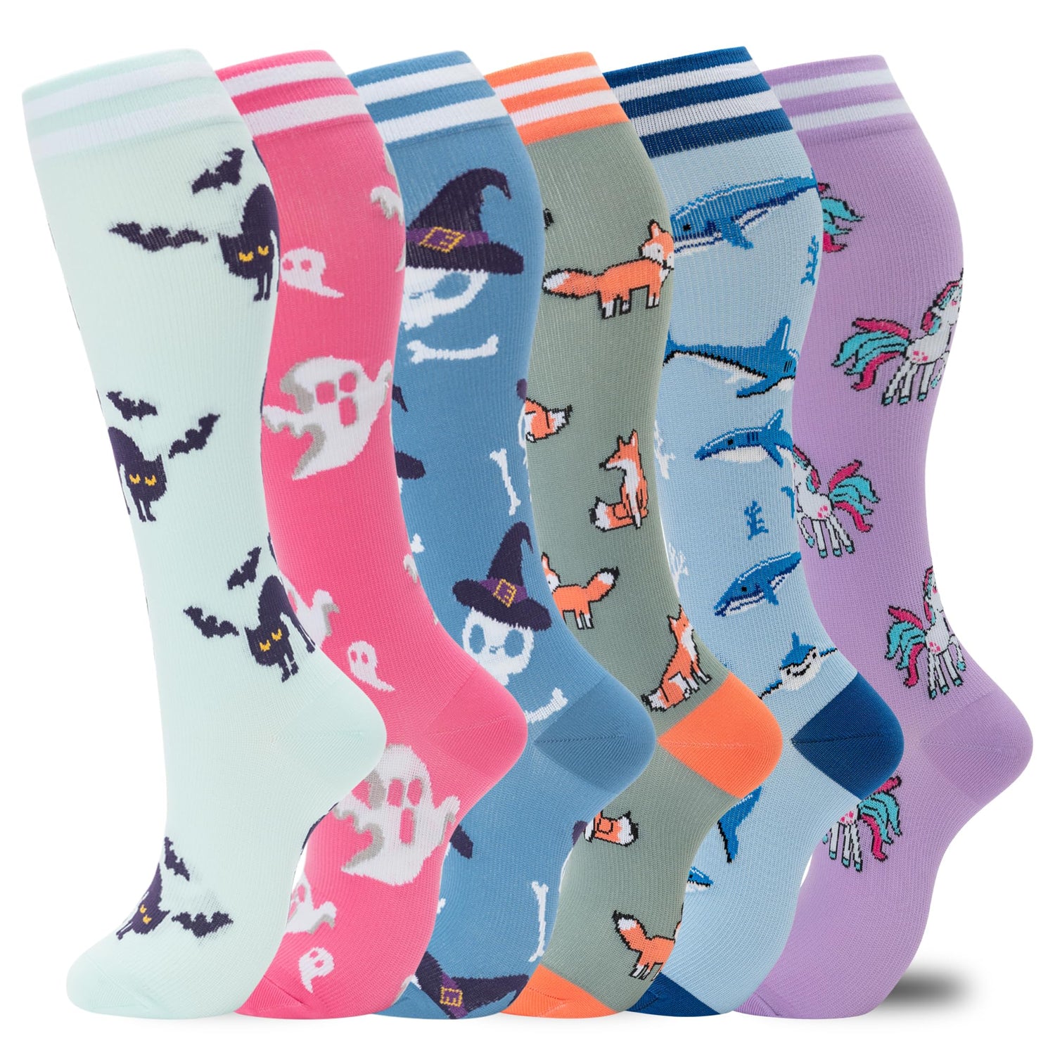 Calcetines de compresión fenglaoda para mujeres y hombres, 6 pares, Halloween